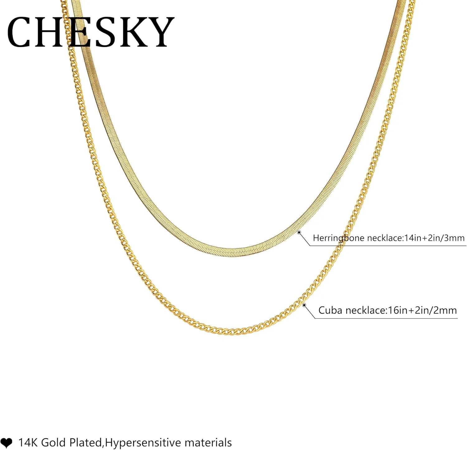 CHESKY 14K Gold/Silver Plated Snake Chain Necklace Herringbone Necklace Gold Choker Necklaces for Women Gifts Jewelry 1.5/3/5MM(W) 14"/16"(L)