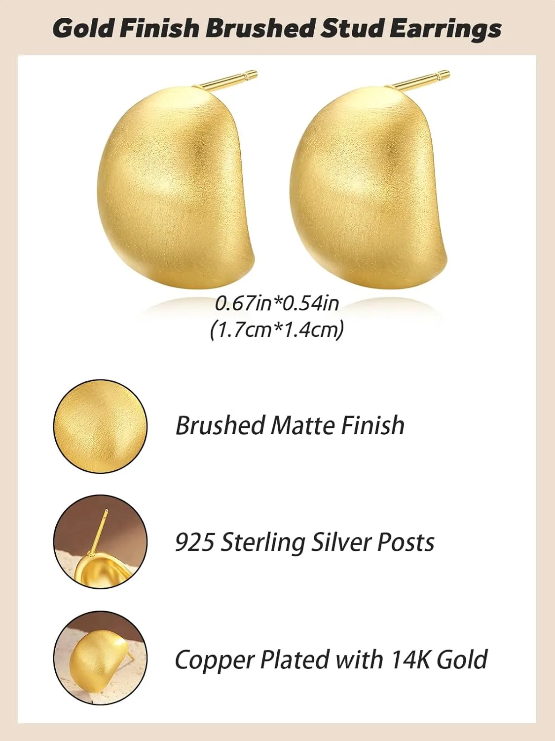 Chunky Brushed Gold Earrings Studs for Women, Matte Gold Earrings for Women Trendy, 14K Gold Plated Silver Stud Earrings with Sterling Silver Posts Hypoallergenic Jewelry Box