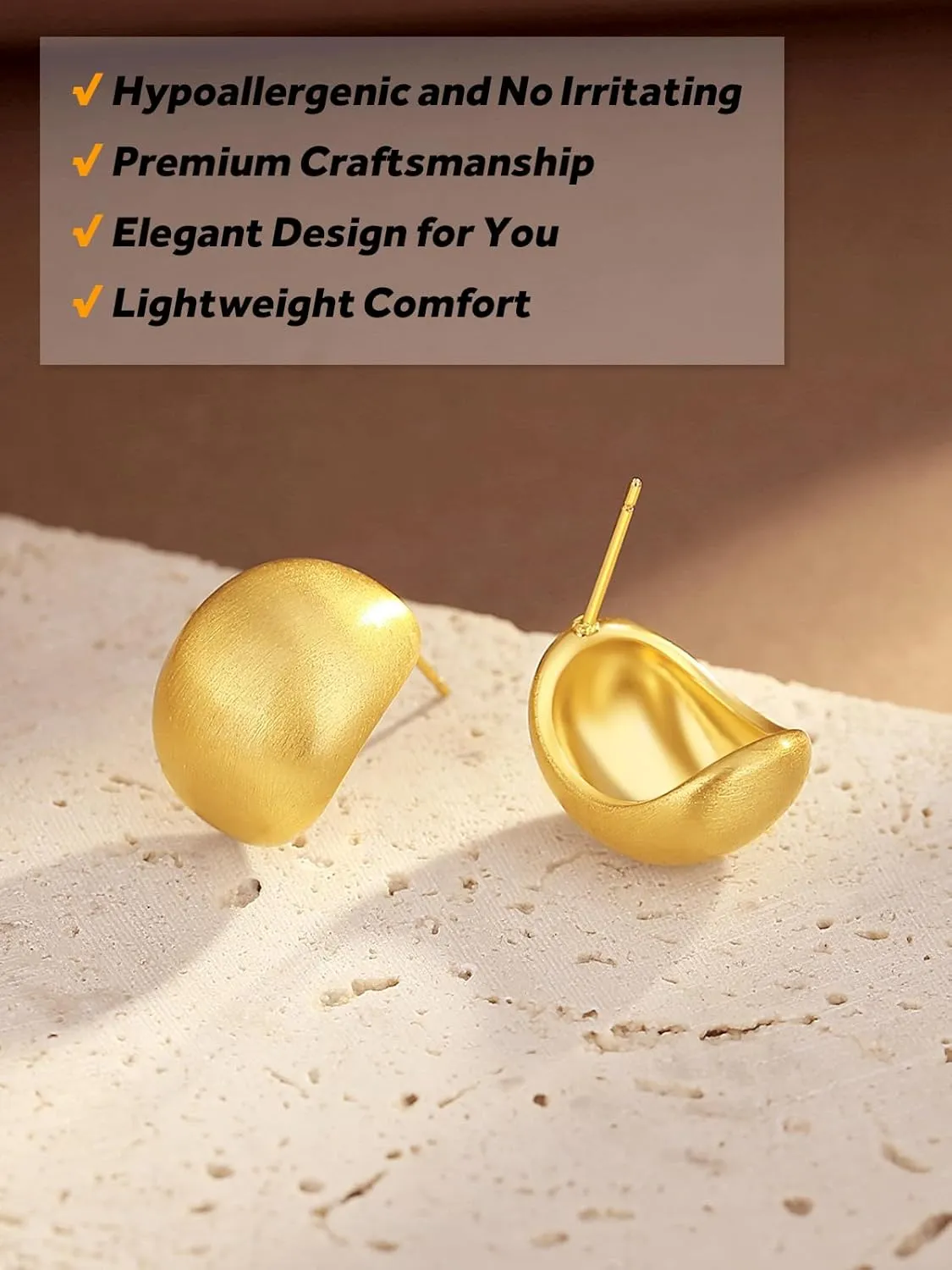 Chunky Brushed Gold Earrings Studs for Women, Matte Gold Earrings for Women Trendy, 14K Gold Plated Silver Stud Earrings with Sterling Silver Posts Hypoallergenic Jewelry Box