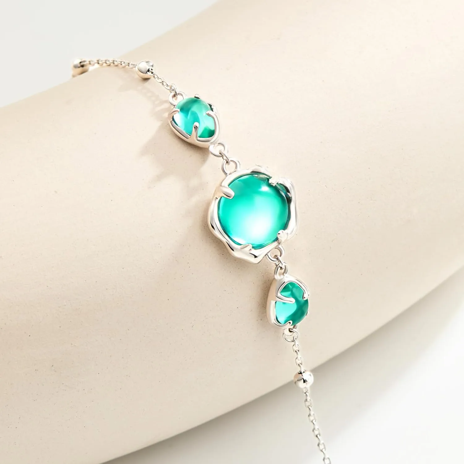 Cicy Bell Platinum Plated Link Bracelet for Women Synthetic Moonstone Adjustable Cable Chain Station Bracelets, 5.9"  1.9" Extender