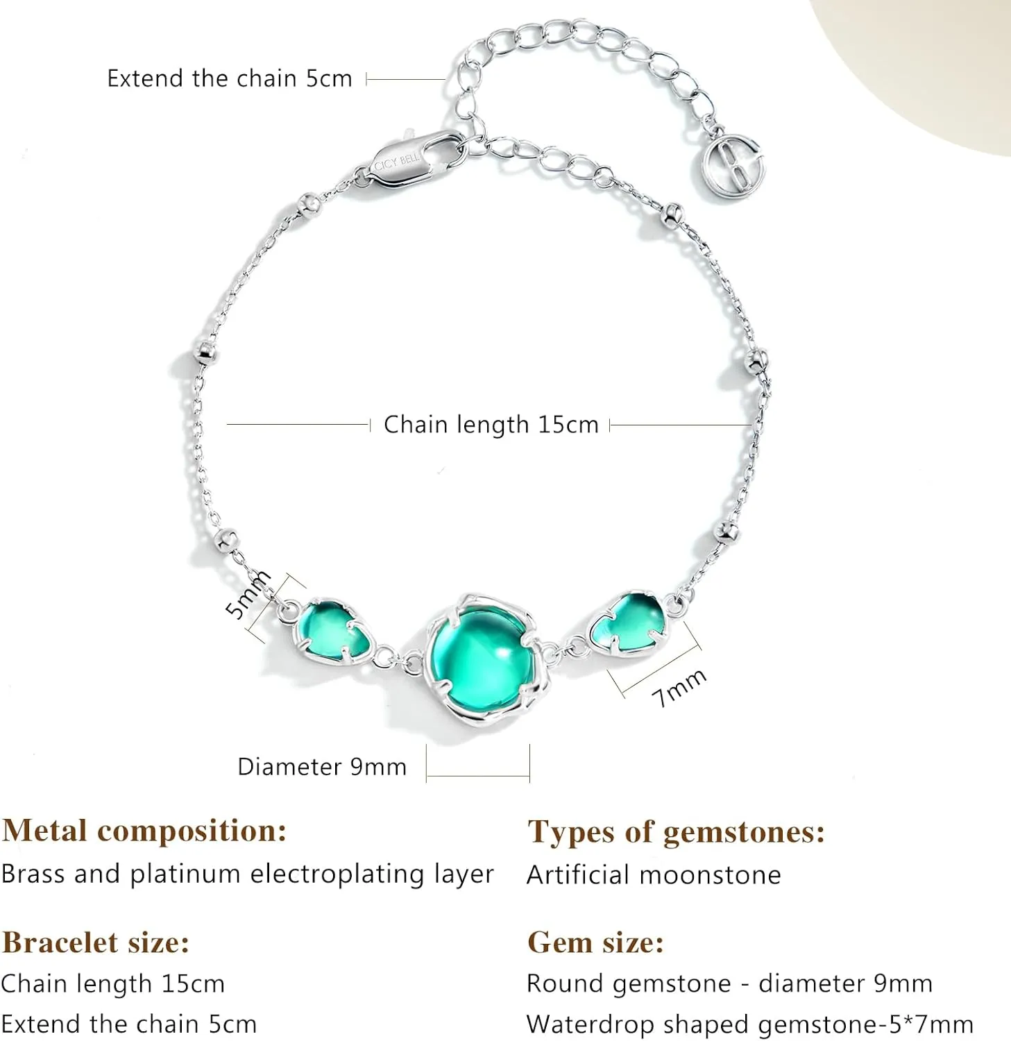 Cicy Bell Platinum Plated Link Bracelet for Women Synthetic Moonstone Adjustable Cable Chain Station Bracelets, 5.9"  1.9" Extender