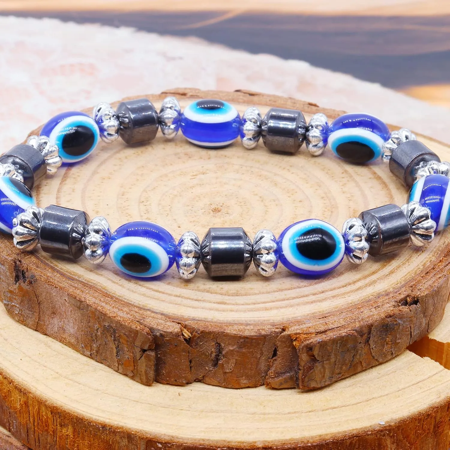 CJIAYUJEW 3pcs Evil Eye Bracelet Chakra Crystal Bracelets Set,Evil Eye Hamsa Blue Beaded Charm Stretch Bracelet for Blessing