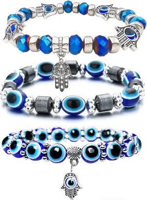 CJIAYUJEW 3pcs Evil Eye Bracelet Chakra Crystal Bracelets Set,Evil Eye Hamsa Blue Beaded Charm Stretch Bracelet for Blessing