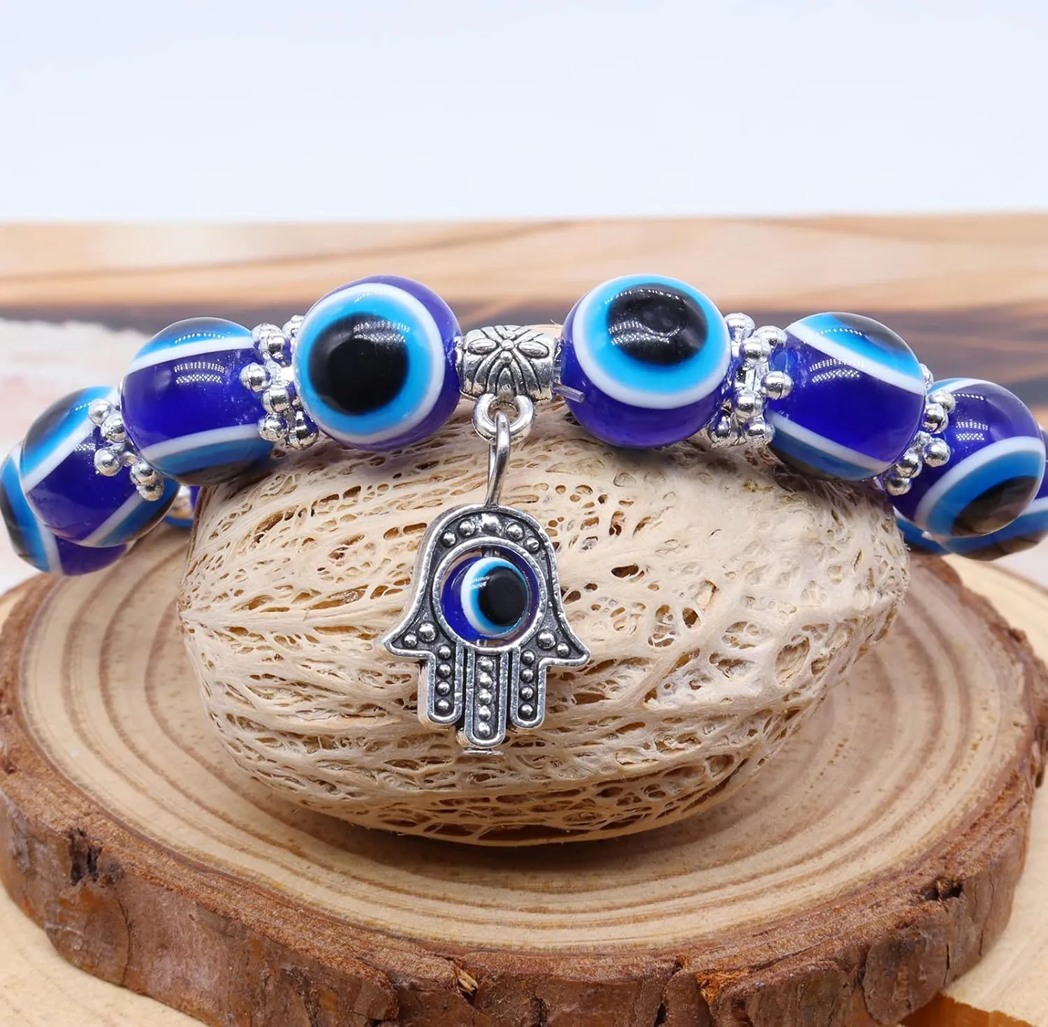 CJIAYUJEW 3pcs Evil Eye Bracelet Chakra Crystal Bracelets Set,Evil Eye Hamsa Blue Beaded Charm Stretch Bracelet for Blessing
