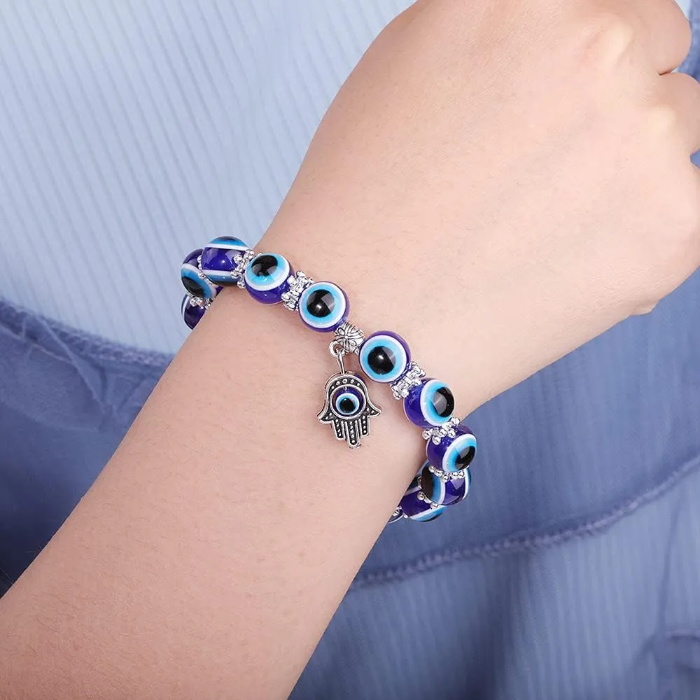 CJIAYUJEW 3pcs Evil Eye Bracelet Chakra Crystal Bracelets Set,Evil Eye Hamsa Blue Beaded Charm Stretch Bracelet for Blessing