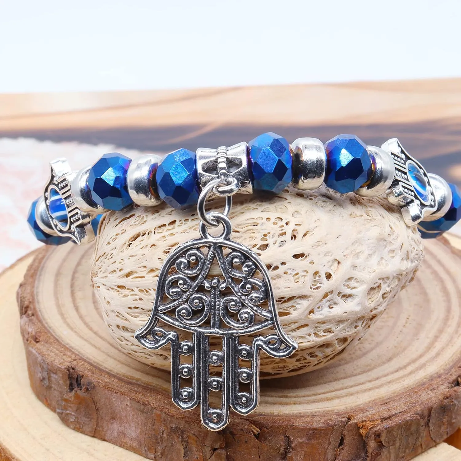 CJIAYUJEW 3pcs Evil Eye Bracelet Chakra Crystal Bracelets Set,Evil Eye Hamsa Blue Beaded Charm Stretch Bracelet for Blessing