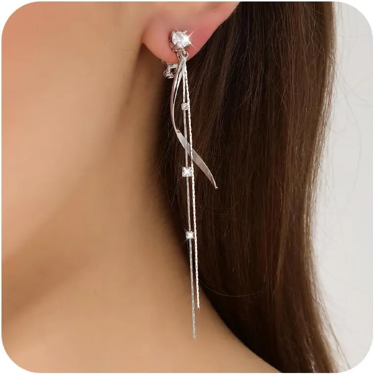 Clip on Earrings for Women 14K Gold /925 Sterling Silver Plated Cubic Zirconia Long Tassel Dangle Drop Earrings for Women Non Pierced Earrings Jewelry Gifts Wedding Party