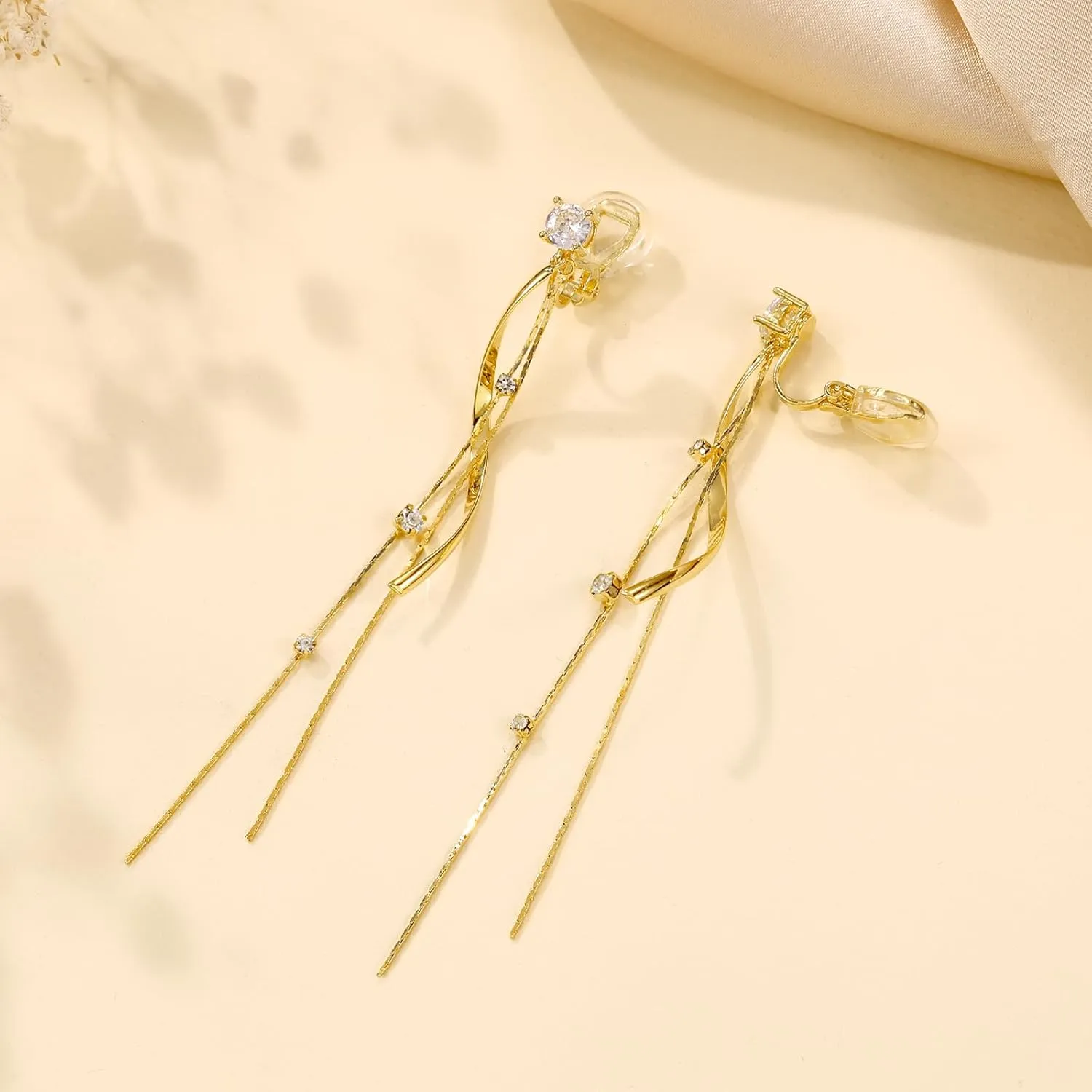 Clip on Earrings for Women 14K Gold /925 Sterling Silver Plated Cubic Zirconia Long Tassel Dangle Drop Earrings for Women Non Pierced Earrings Jewelry Gifts Wedding Party