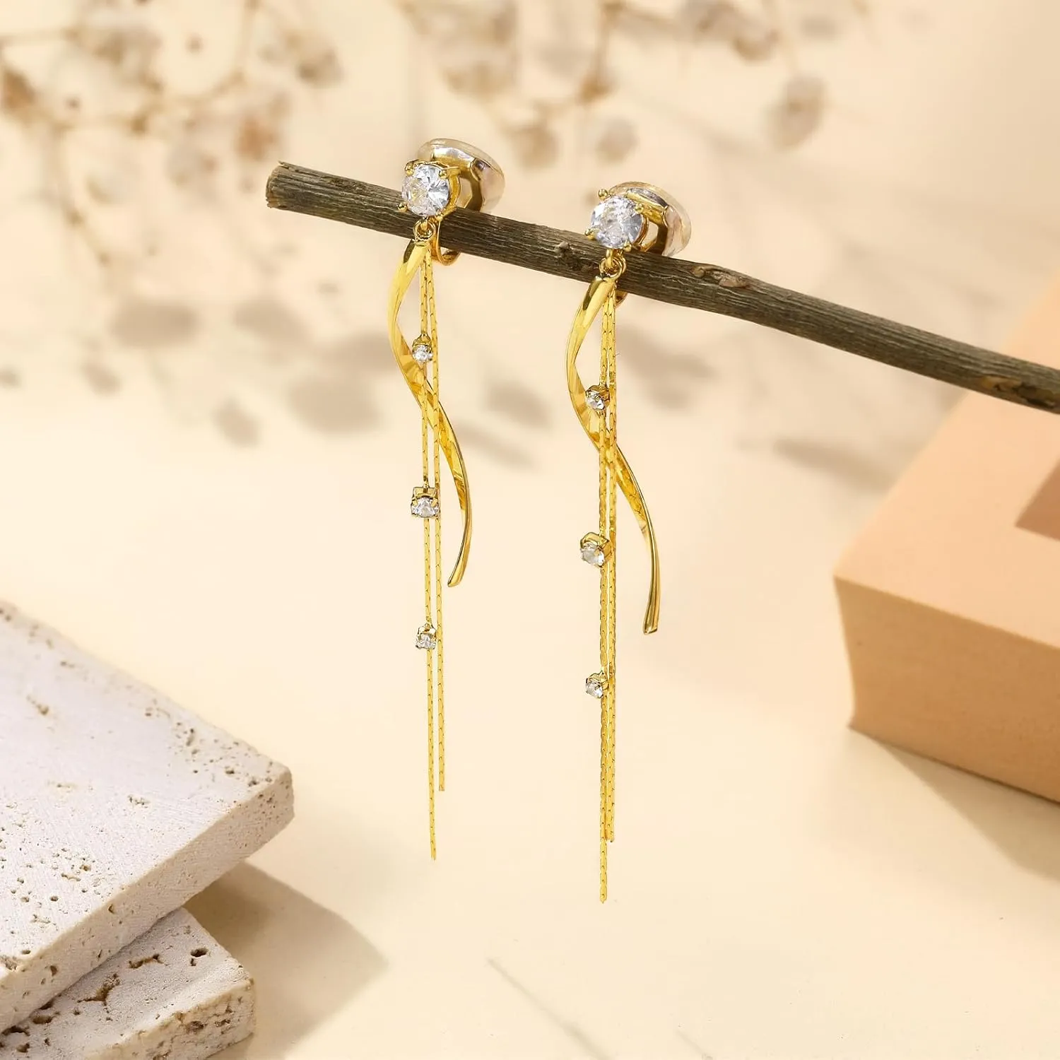 Clip on Earrings for Women 14K Gold /925 Sterling Silver Plated Cubic Zirconia Long Tassel Dangle Drop Earrings for Women Non Pierced Earrings Jewelry Gifts Wedding Party