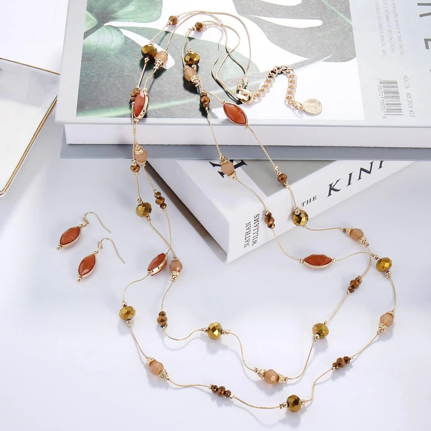 Coiris 2 Layer Illusion Wire Beaded long Collar Statement Necklace with Earrings Long Necklace for Women