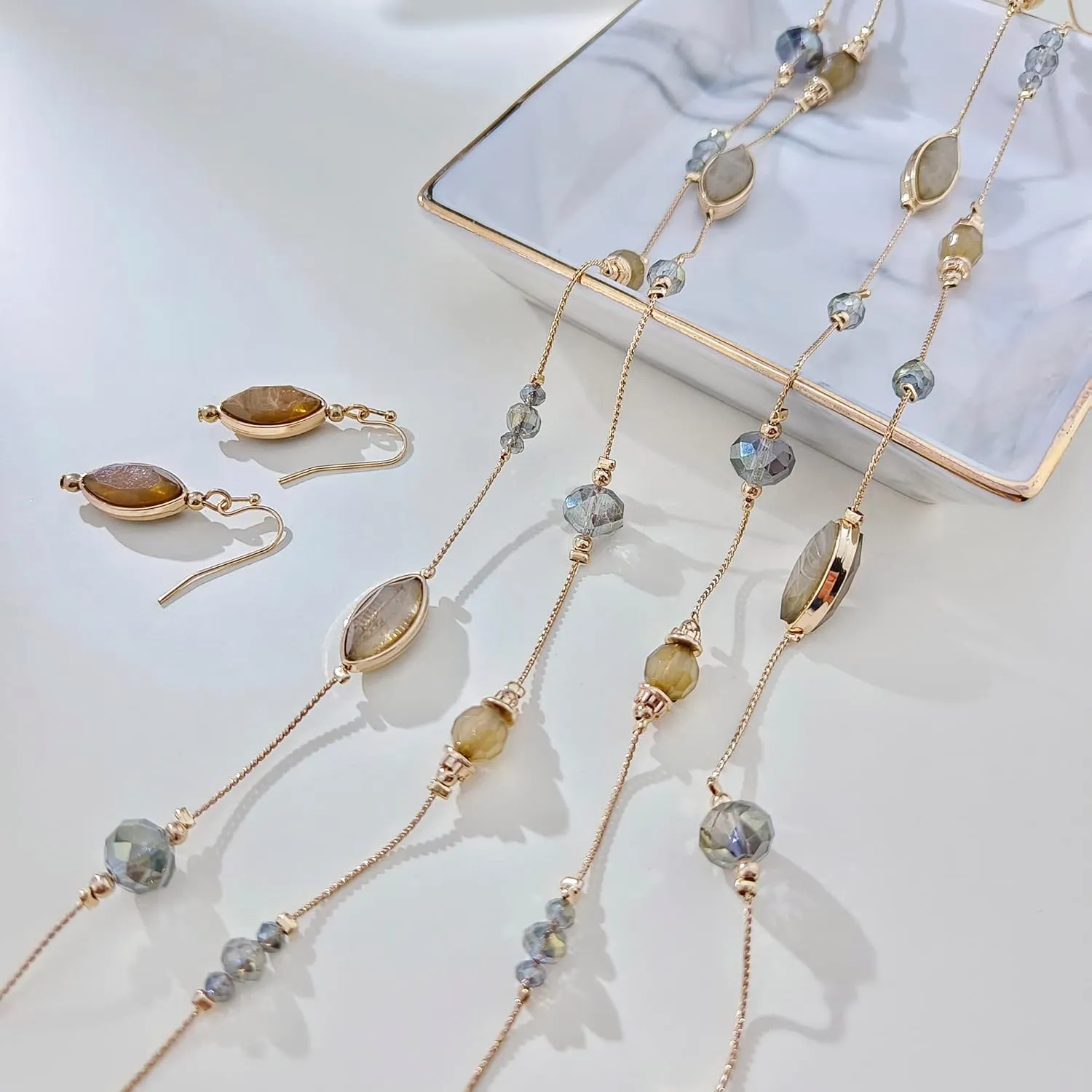 Coiris 2 Layer Illusion Wire Beaded long Collar Statement Necklace with Earrings Long Necklace for Women