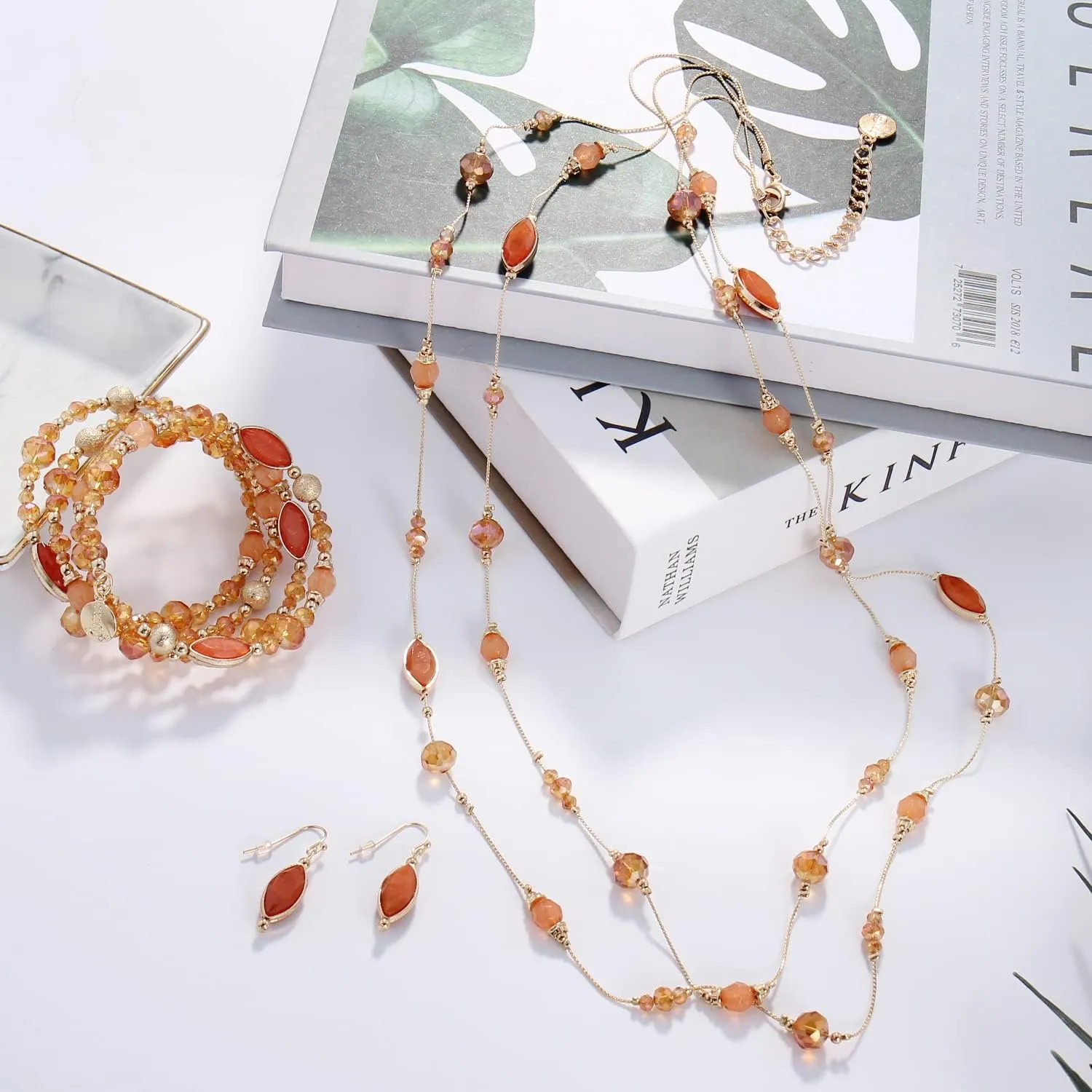 Coiris 2 Layer Illusion Wire Beaded long Collar Statement Necklace with Earrings Long Necklace for Women