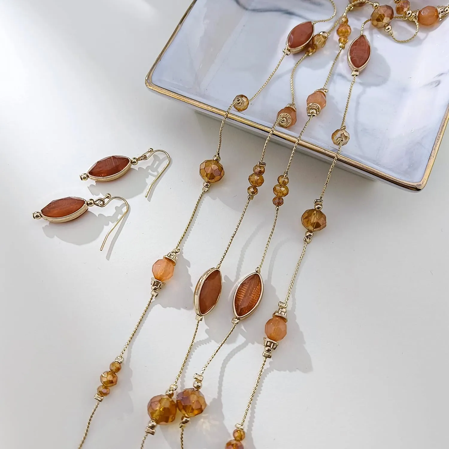 Coiris 2 Layer Illusion Wire Beaded long Collar Statement Necklace with Earrings Long Necklace for Women