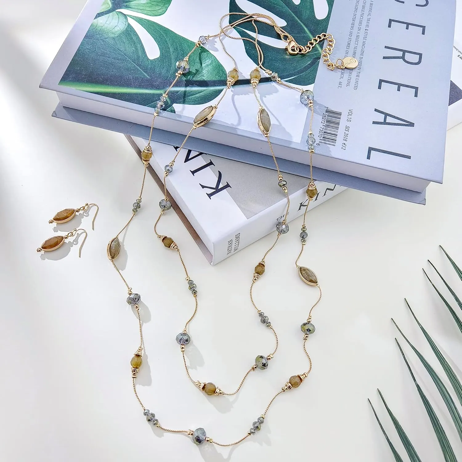 Coiris 2 Layer Illusion Wire Beaded long Collar Statement Necklace with Earrings Long Necklace for Women