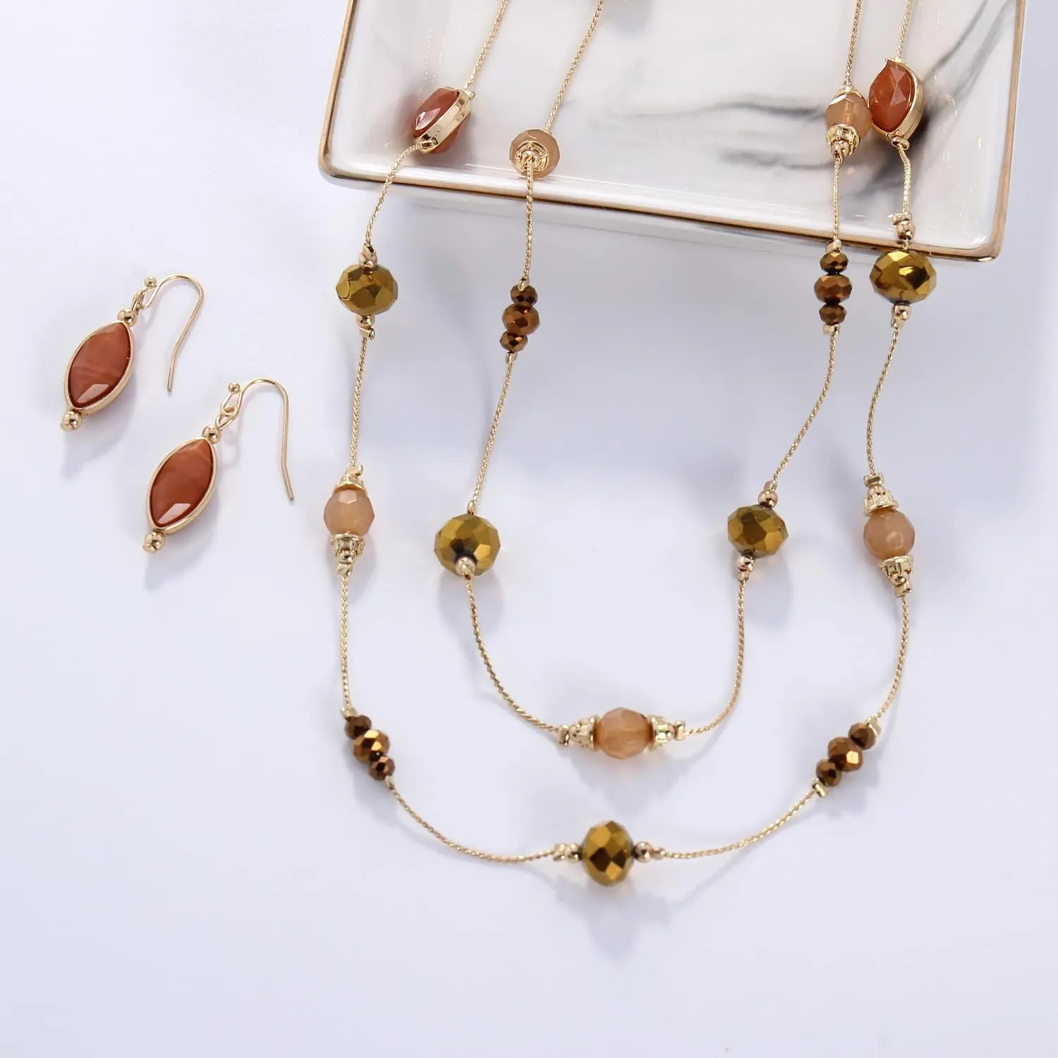 Coiris 2 Layer Illusion Wire Beaded long Collar Statement Necklace with Earrings Long Necklace for Women