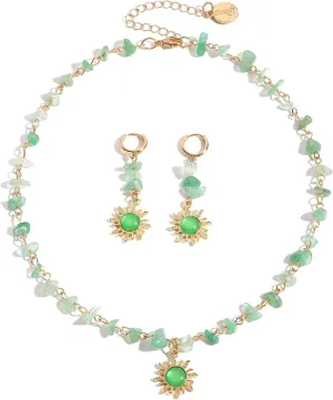 Coiris Boho Sun Jewelry Set for Women Bohemian Healing Nature Crystal Stone Sun Choker Necklace Dangle Drop Earrings Hippie Cool Summer Beach Sun Jewelry Set for Women