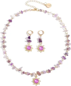 Coiris Boho Sun Jewelry Set for Women Bohemian Healing Nature Crystal Stone Sun Choker Necklace Dangle Drop Earrings Hippie Cool Summer Beach Sun Jewelry Set for Women