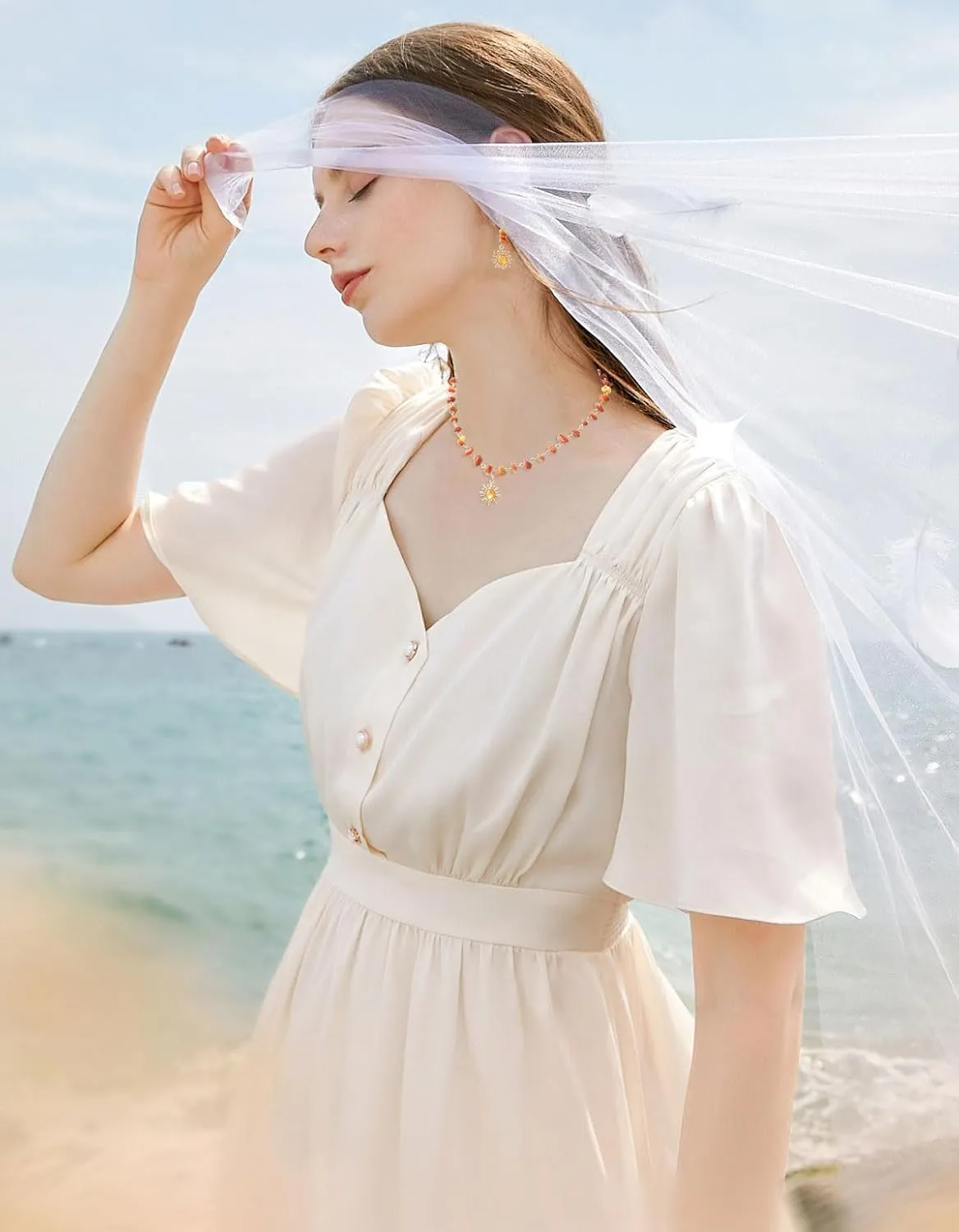 Coiris Boho Sun Jewelry Set for Women Bohemian Healing Nature Crystal Stone Sun Choker Necklace Dangle Drop Earrings Hippie Cool Summer Beach Sun Jewelry Set for Women