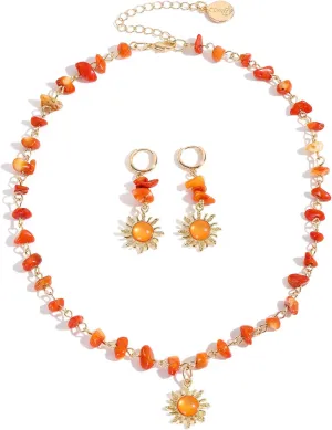 Coiris Boho Sun Jewelry Set for Women Bohemian Healing Nature Crystal Stone Sun Choker Necklace Dangle Drop Earrings Hippie Cool Summer Beach Sun Jewelry Set for Women