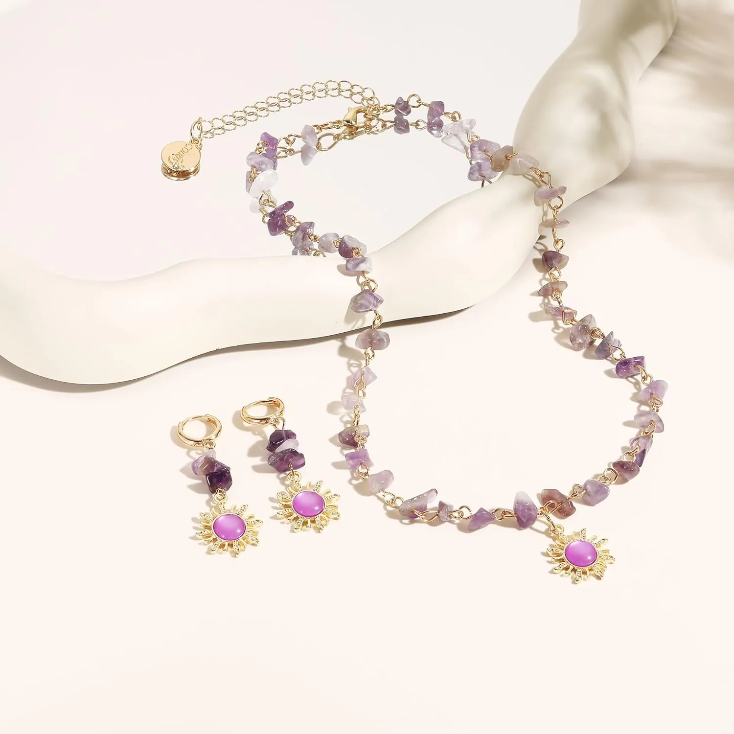 Coiris Boho Sun Jewelry Set for Women Bohemian Healing Nature Crystal Stone Sun Choker Necklace Dangle Drop Earrings Hippie Cool Summer Beach Sun Jewelry Set for Women
