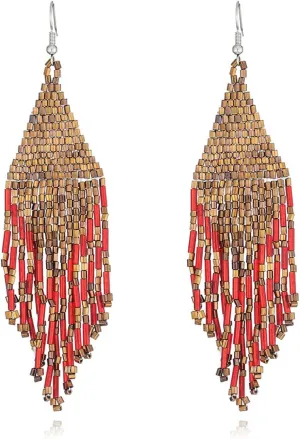 Color Boho Rice Beads Tassel Earrings.Multicolor Long Beaded Dangle Earrings Handmade Woven Drop Earrings Jewelry Gifts for Women