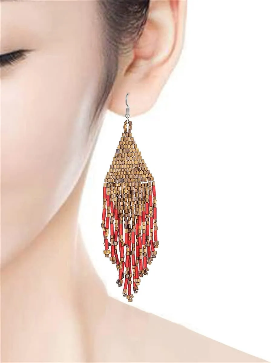 Color Boho Rice Beads Tassel Earrings.Multicolor Long Beaded Dangle Earrings Handmade Woven Drop Earrings Jewelry Gifts for Women