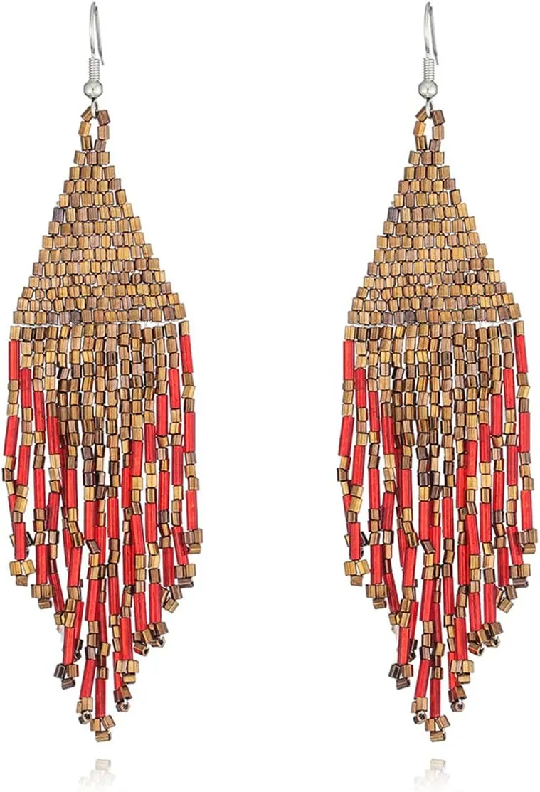 Color Boho Rice Beads Tassel Earrings.Multicolor Long Beaded Dangle Earrings Handmade Woven Drop Earrings Jewelry Gifts for Women