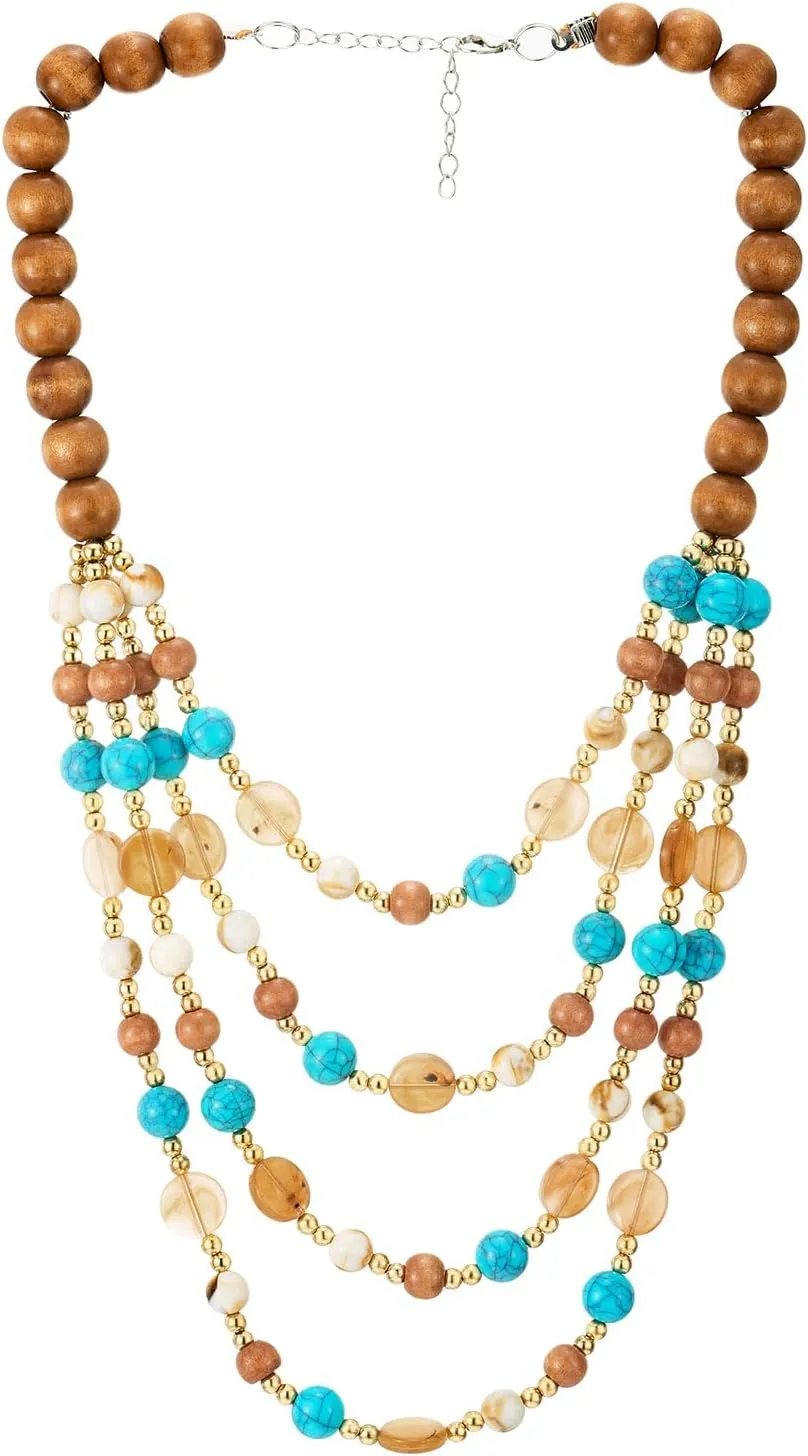 COOLSTEELANDBEYOND Boho Multi-Layer Beaded Necklace, Colorful Wooden and Gemstone Beads, Statement Necklace, Waterfall
