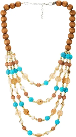 COOLSTEELANDBEYOND Boho Multi-Layer Beaded Necklace, Colorful Wooden and Gemstone Beads, Statement Necklace, Waterfall