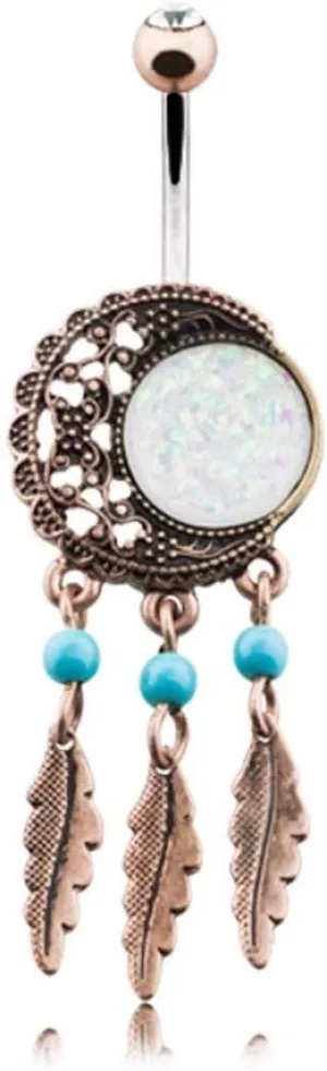 Covet Jewelry Vintage Boho Filigree Moon Dreamcatcher Opal Belly Button Ring