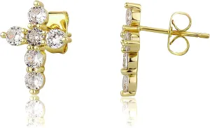 Cross Earrings 14K Gold Plated Dainty Mens Cross Stud Earrings Cubic Zirconia Religious Earring Studs for Men