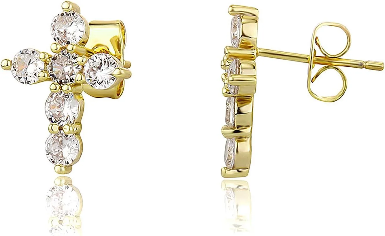 Cross Earrings 14K Gold Plated Dainty Mens Cross Stud Earrings Cubic Zirconia Religious Earring Studs for Men
