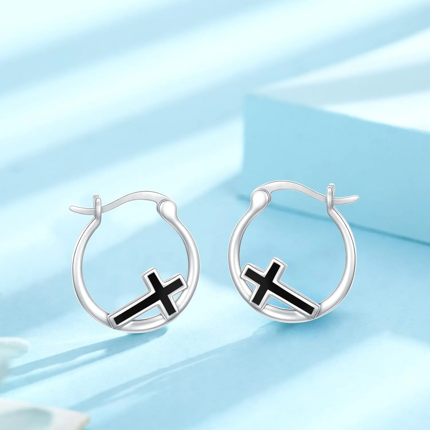 Cross Earrings 925 Sterling Silver Small Huggie Cross Hoop Earrings Abalone Shell/Opal/Turquoise Jewelry Gifts for Women Men