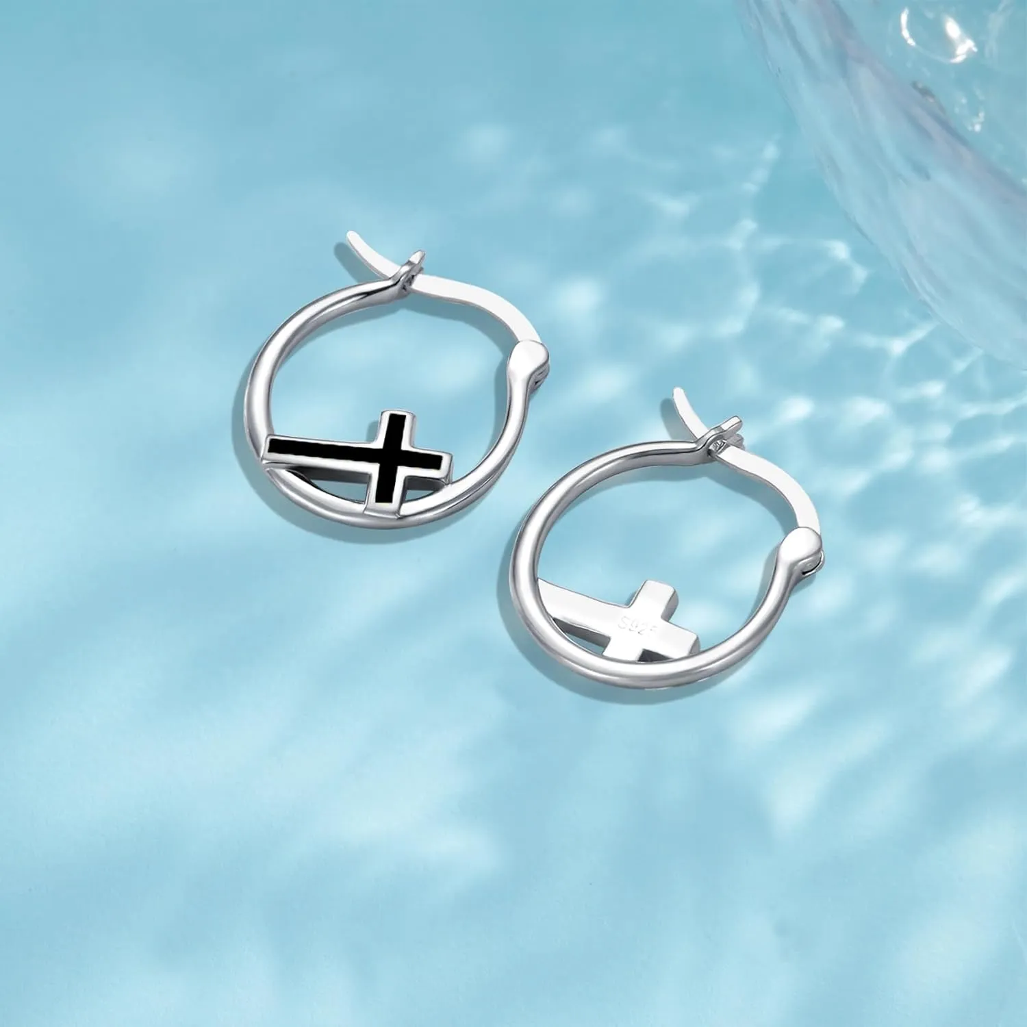Cross Earrings 925 Sterling Silver Small Huggie Cross Hoop Earrings Abalone Shell/Opal/Turquoise Jewelry Gifts for Women Men