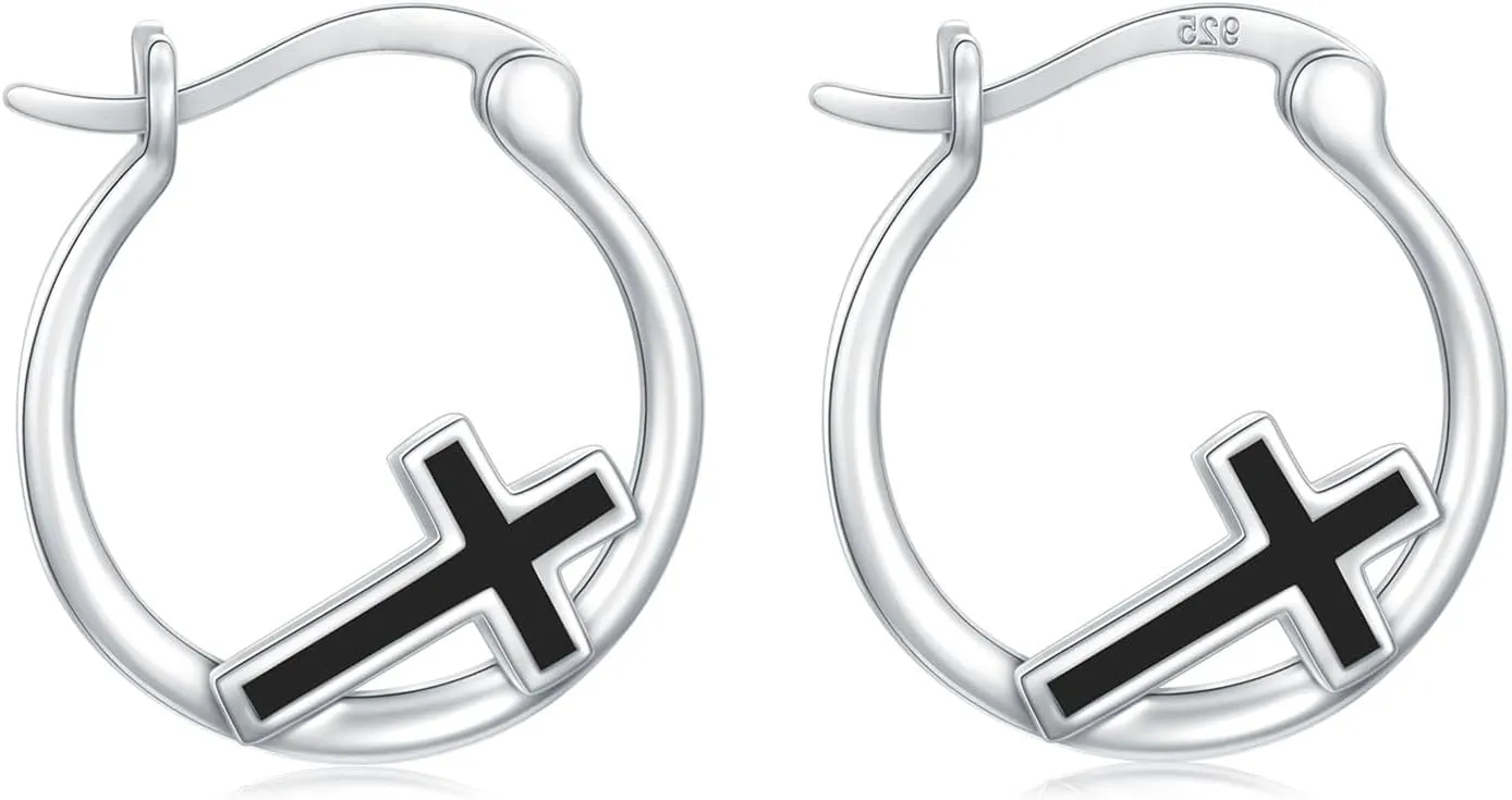 Cross Earrings 925 Sterling Silver Small Huggie Cross Hoop Earrings Abalone Shell/Opal/Turquoise Jewelry Gifts for Women Men