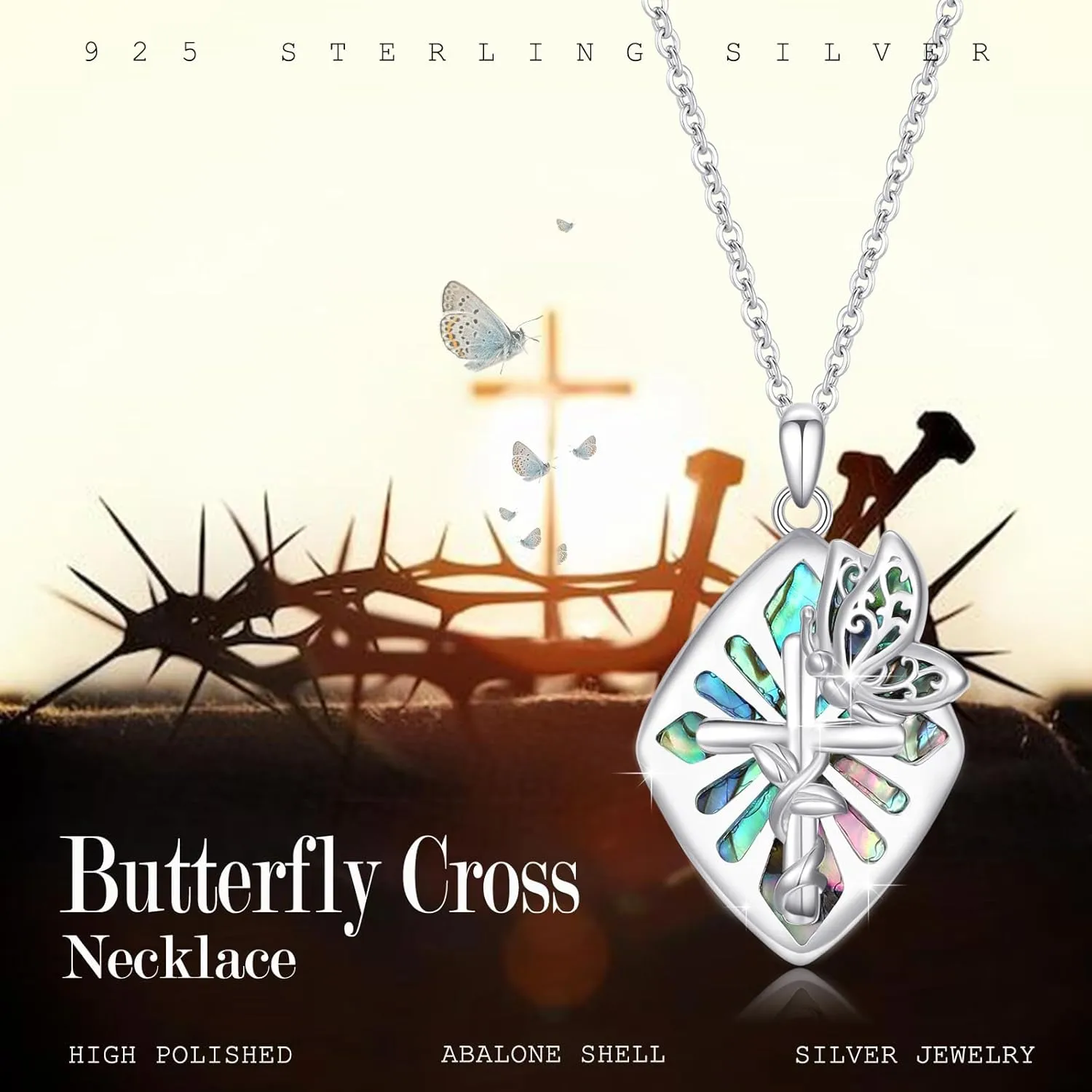 Cross Necklace for Women Men 925 Sterling Silver Abalone Shell/Malachite/Turquoise Cross Pendant Necklaces Religious Jewelry Birthday Graduation Gifts