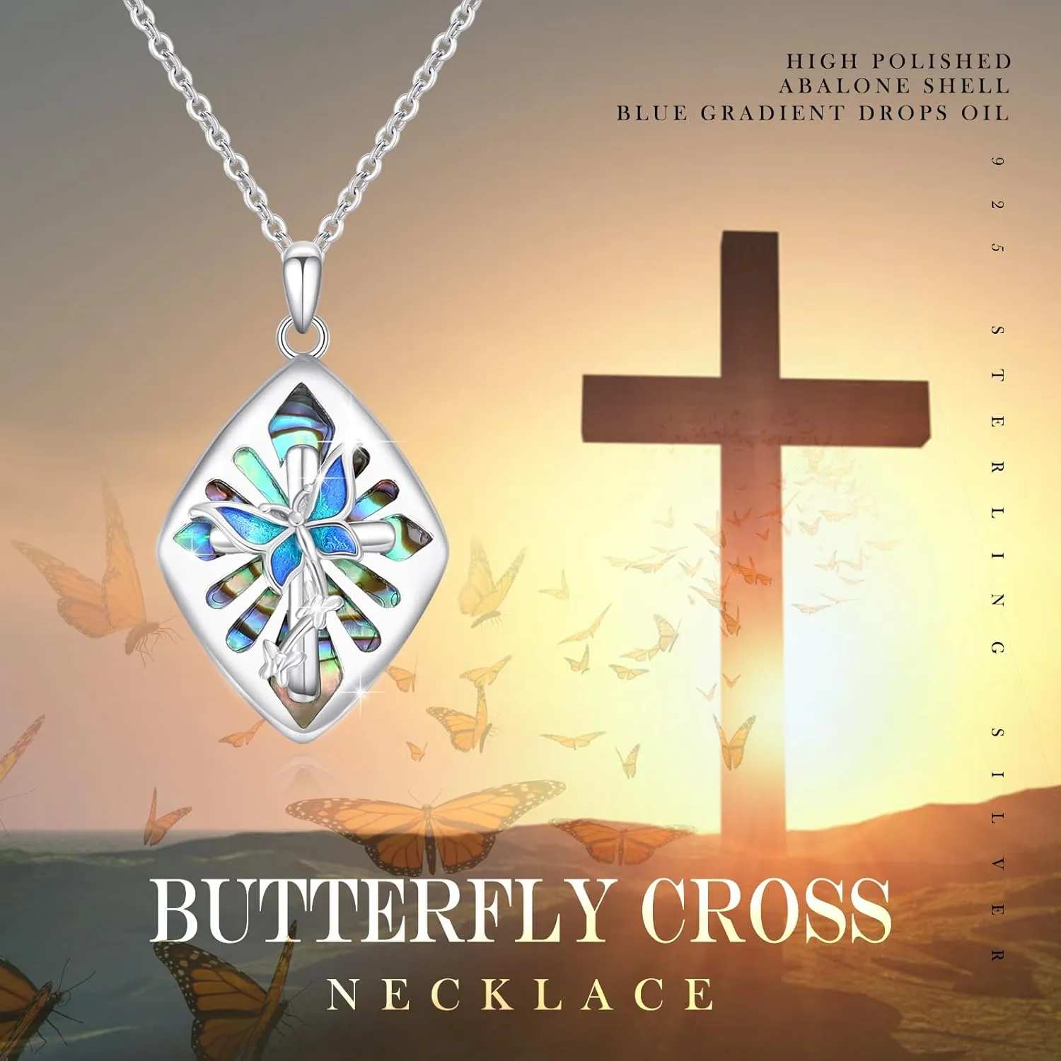 Cross Necklace for Women Men 925 Sterling Silver Abalone Shell/Malachite/Turquoise Cross Pendant Necklaces Religious Jewelry Birthday Graduation Gifts