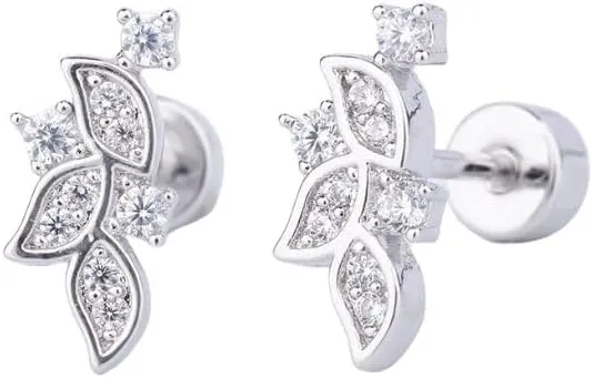 Crystal Leaf Cartilage Tiny Stud Earrings Stainless Steel Cubic Zirconia Leaves Flower Screw Flat Back Tragus Helix Studs Earring for Women Girls Men Dainty Jewelry Gifts 18G