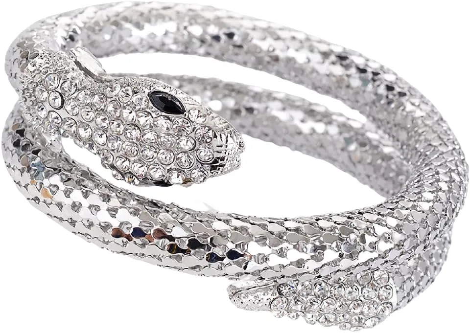 Crystal Snake Bracelets Delicate Punk Rhinestone Curved Stretch Animal Cuff Bracelet Punk Hip Hop Cuff Bangle for Women Ladies Wristband Jewelry