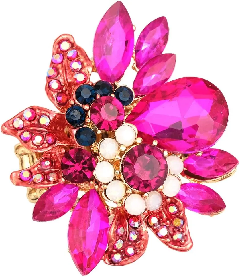 CSY Luxury Women's Austrian Crystal Leaves Flower Big Cocktail Statement Rings Stretch Adjustable Ring Jewelry Accessories
