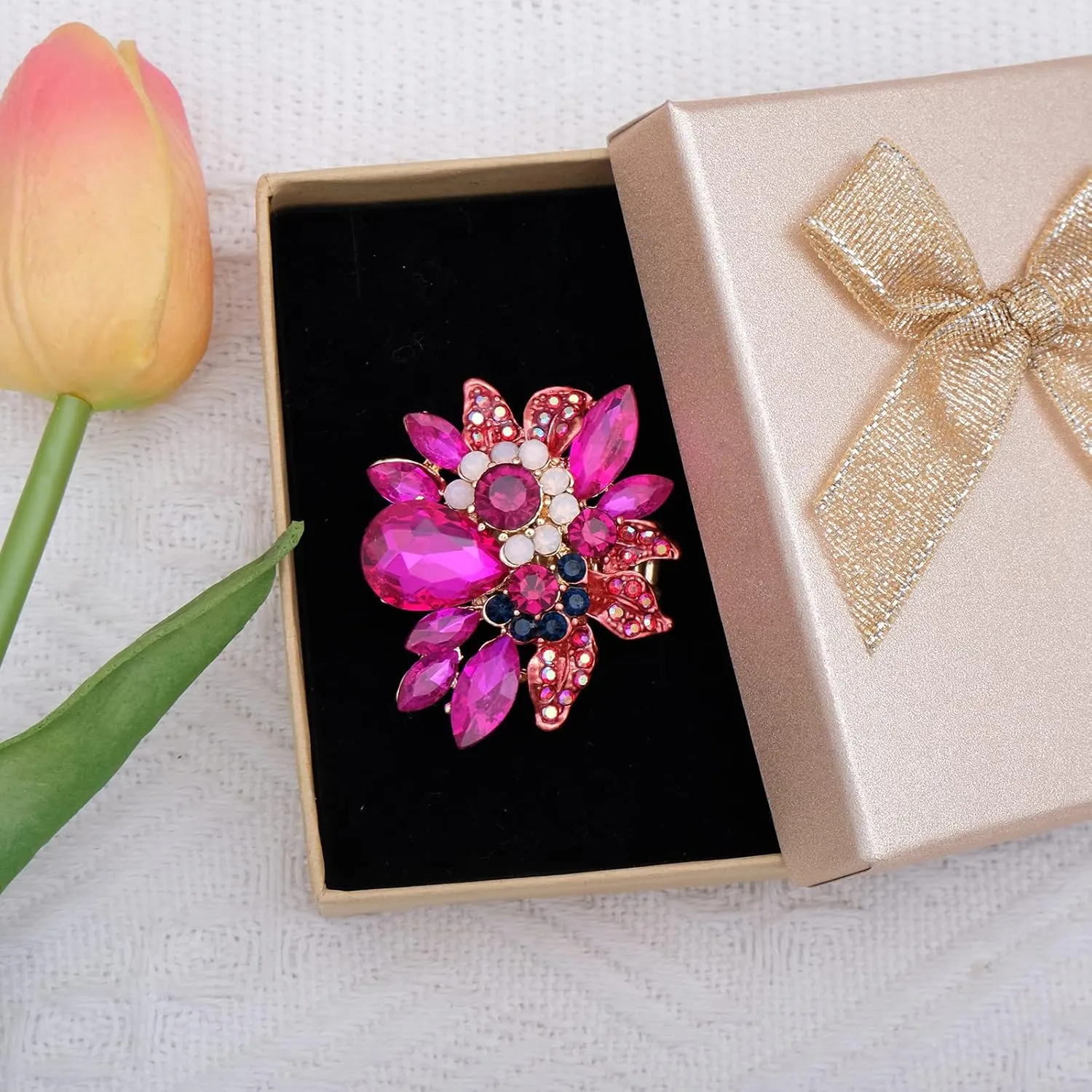 CSY Luxury Women's Austrian Crystal Leaves Flower Big Cocktail Statement Rings Stretch Adjustable Ring Jewelry Accessories