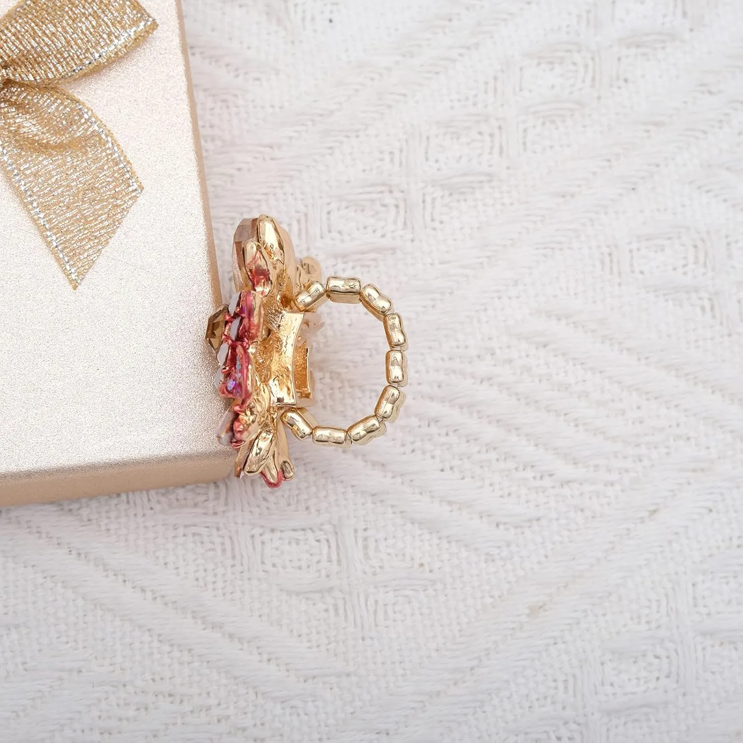 CSY Luxury Women's Austrian Crystal Leaves Flower Big Cocktail Statement Rings Stretch Adjustable Ring Jewelry Accessories