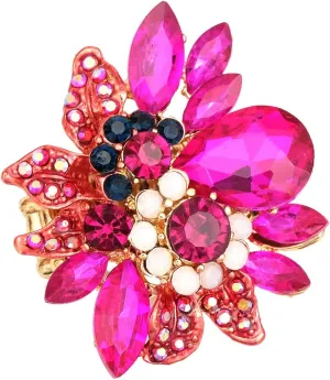 CSY Luxury Women's Austrian Crystal Leaves Flower Big Cocktail Statement Rings Stretch Adjustable Ring Jewelry Accessories