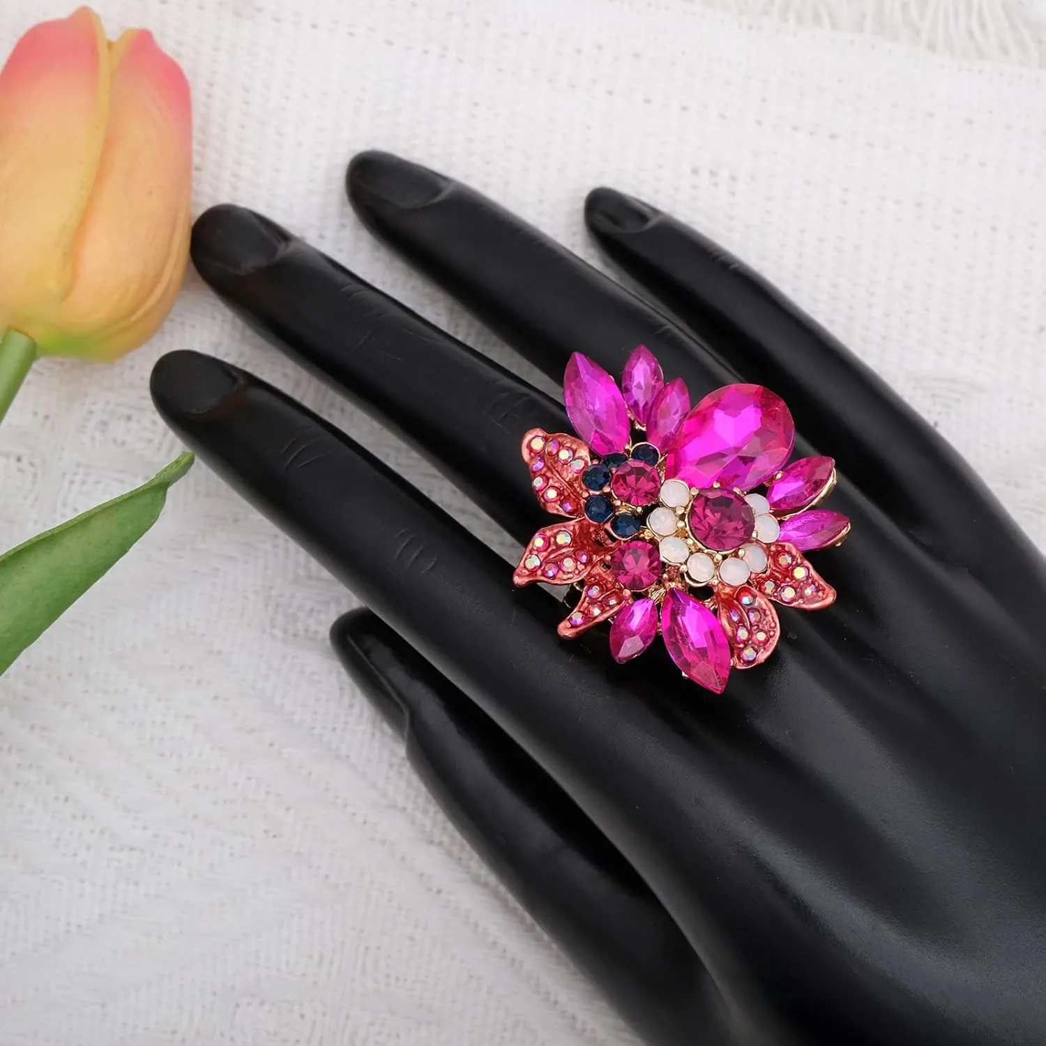 CSY Luxury Women's Austrian Crystal Leaves Flower Big Cocktail Statement Rings Stretch Adjustable Ring Jewelry Accessories