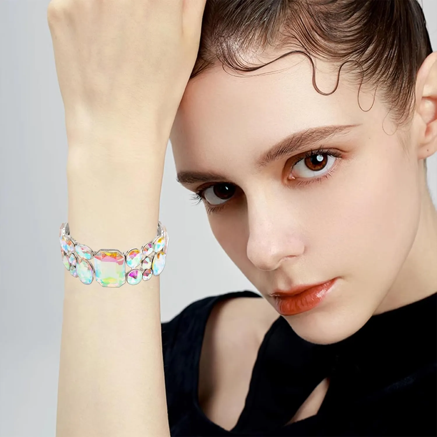 CSY Women's Statement Stretch Wide Bangle Bracelets Austrian Crystal Art Deco Elastic Bracelet for Party Prom