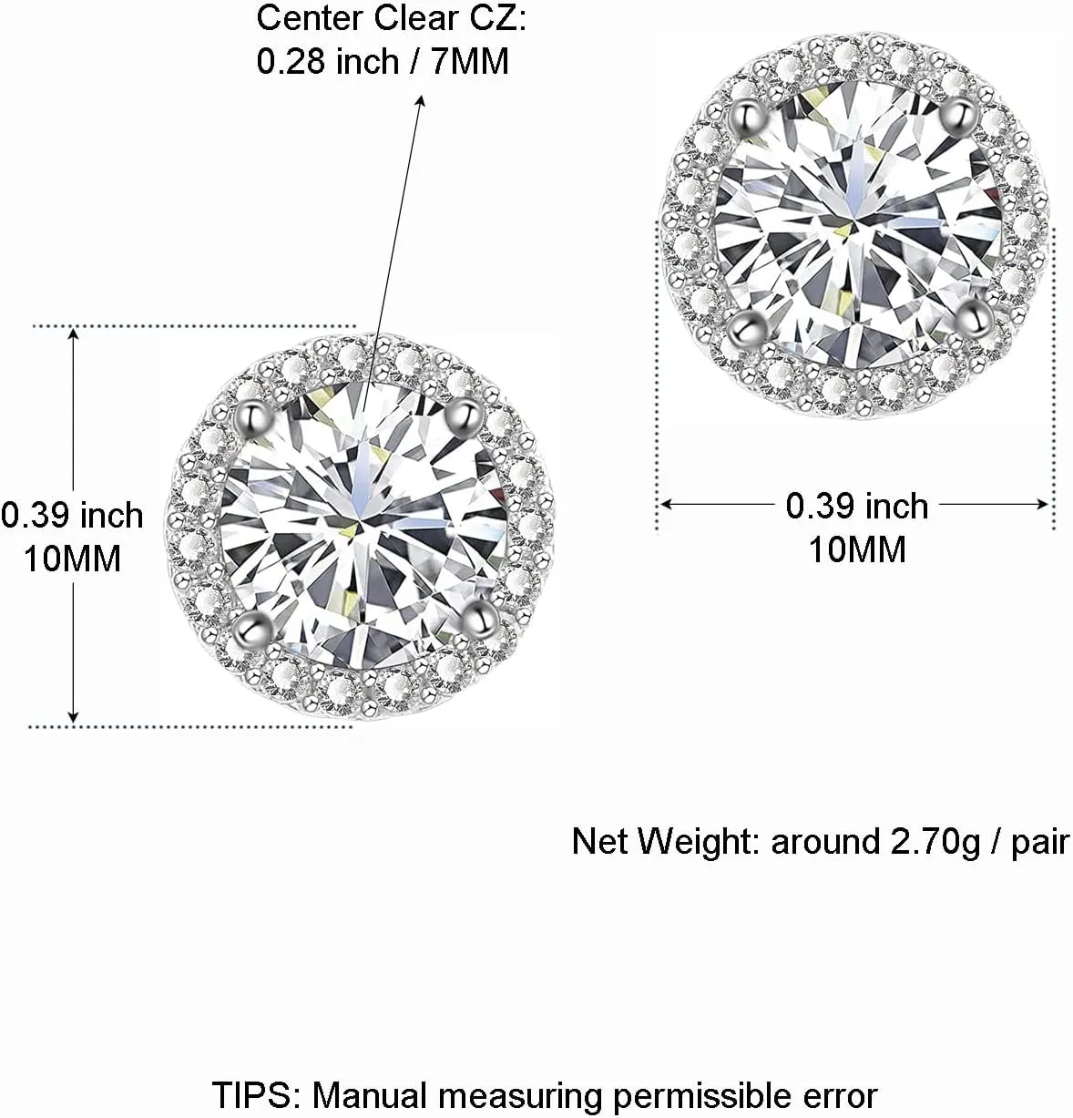 Cubic Zirconia Earrings Studs, CZ Stud Earrings YOMELA White Gold 10MM Square Round Teardrop Heart Halo Stud Earrings Hypoallergenic for Women