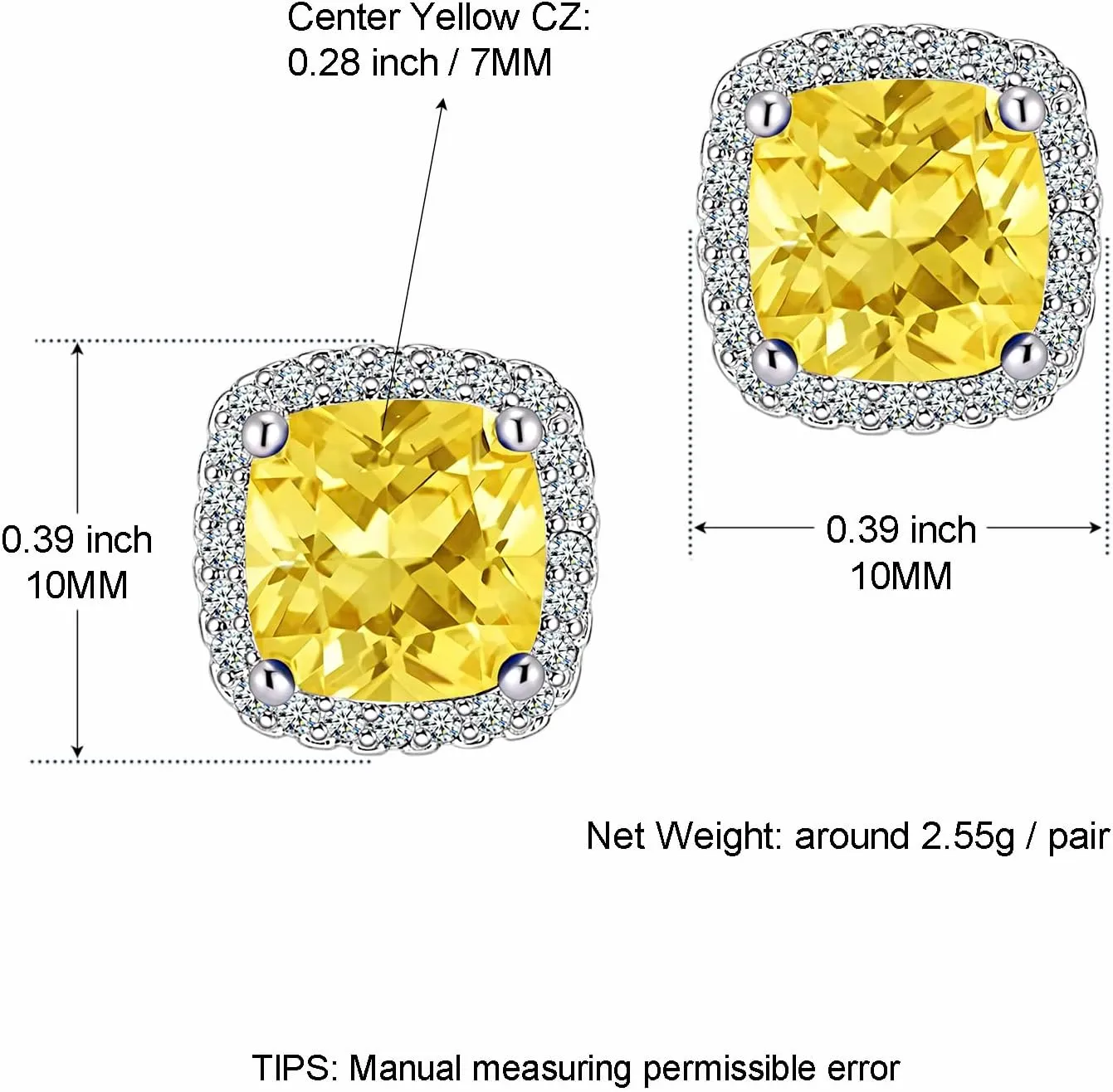 Cubic Zirconia Earrings Studs, CZ Stud Earrings YOMELA White Gold 10MM Square Round Teardrop Heart Halo Stud Earrings Hypoallergenic for Women