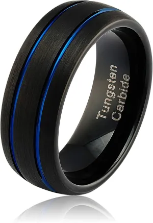 Custom Engraved Black Tungsten Wedding Band Blue Thin Line Stripe Men's Rings Size 6-16