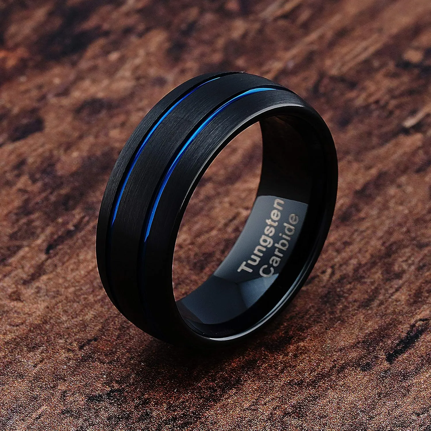 Custom Engraved Black Tungsten Wedding Band Blue Thin Line Stripe Men's Rings Size 6-16