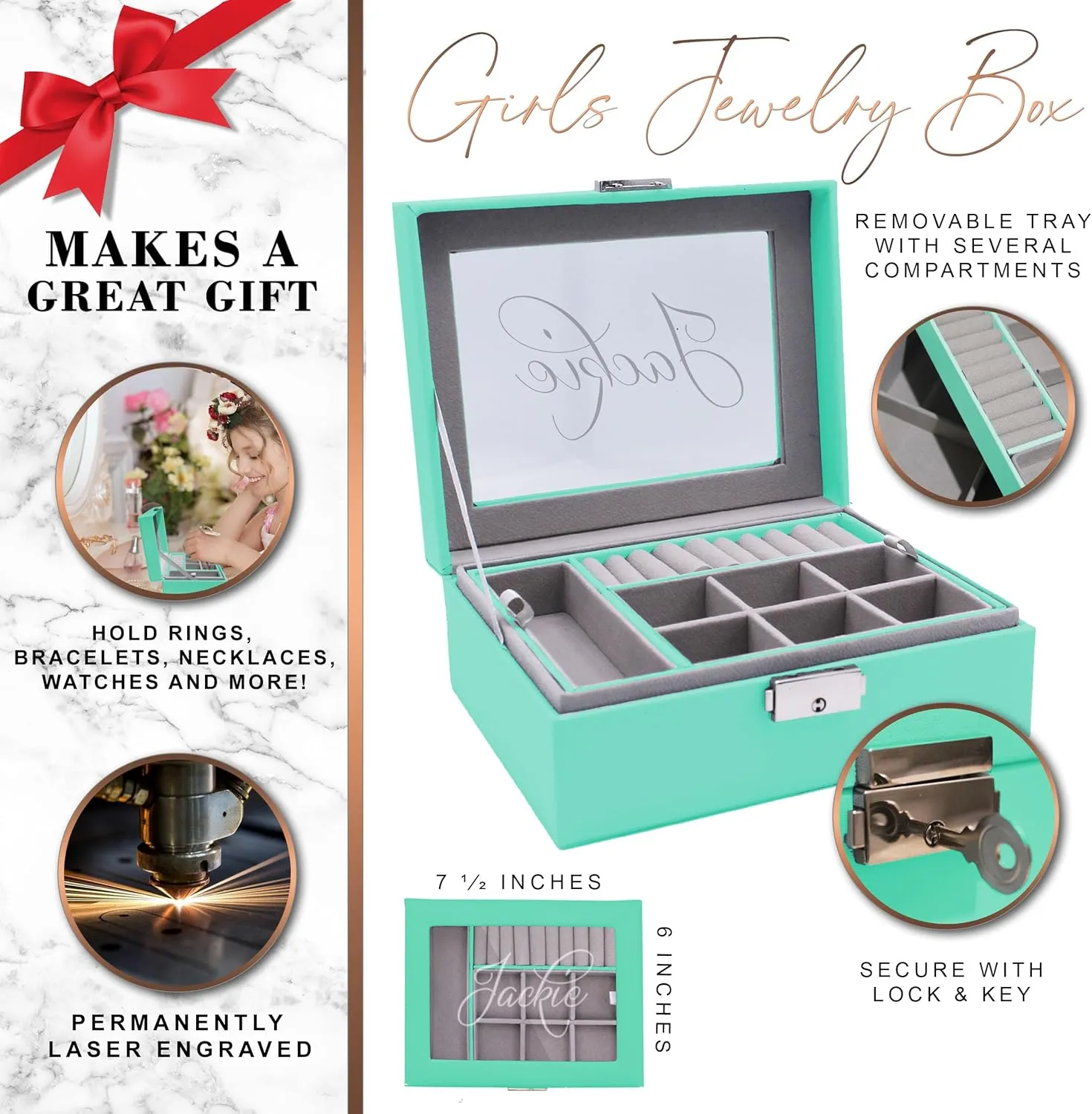 Custom Engraved Kids, Girls Jewelry Box with Name, Princess, Flower, Butterfly (Aqua)